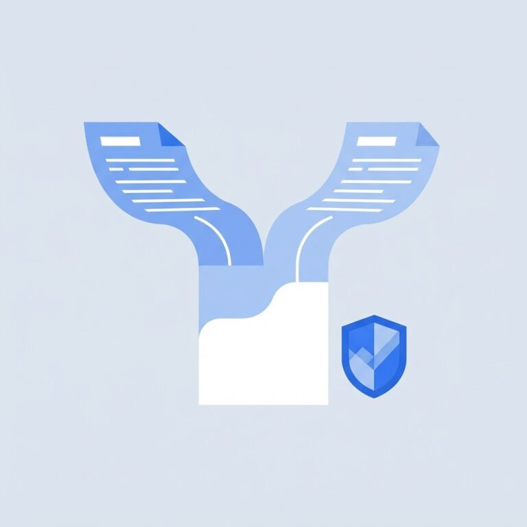 Two documents merging into one with a shield, representing private PDF merging without uploading