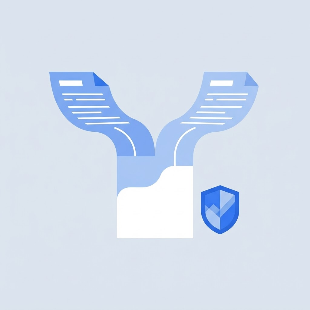 Two documents merging into one with a shield, representing private PDF merging without uploading