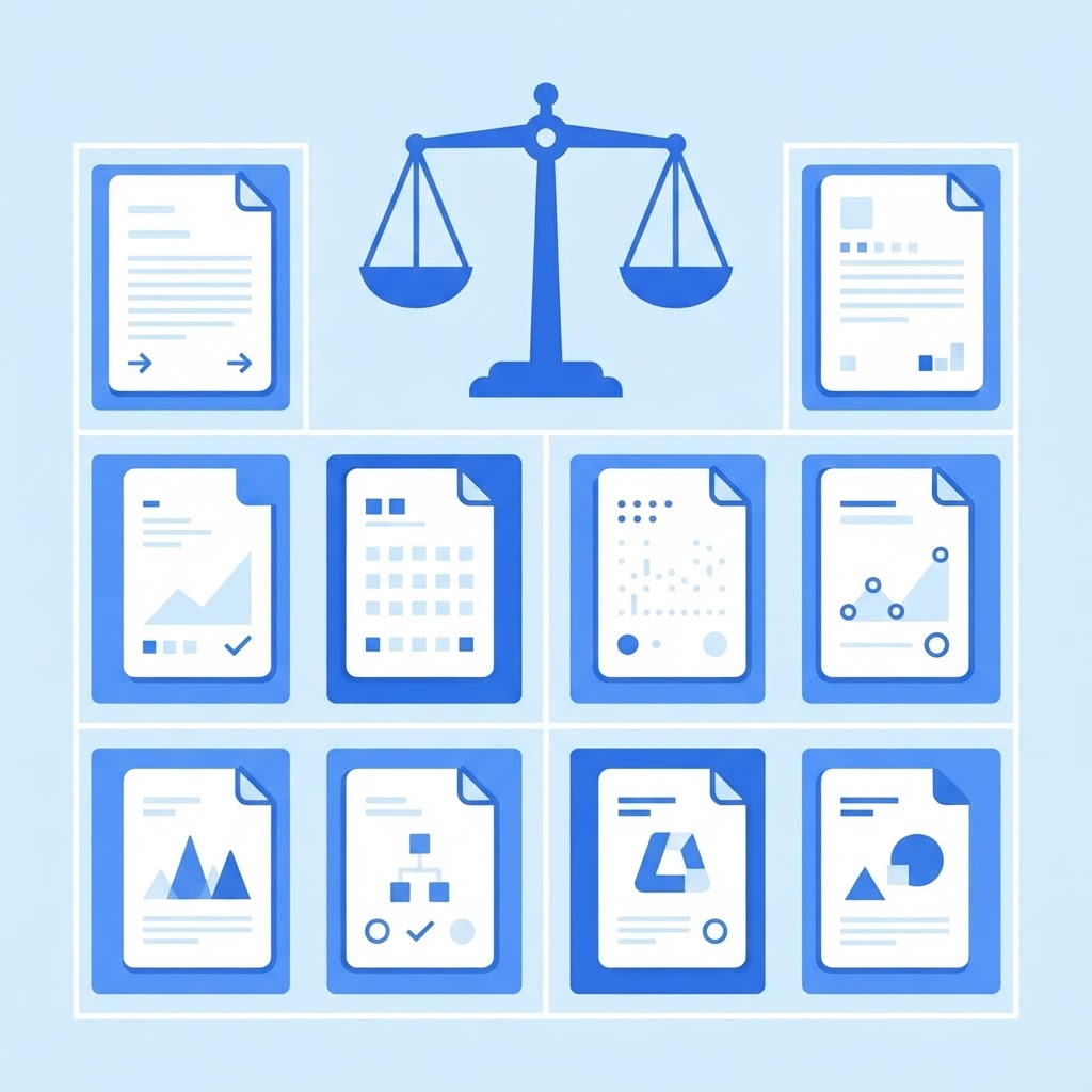 Documents arranged in a comparison grid, illustrating methods to combine PDF files