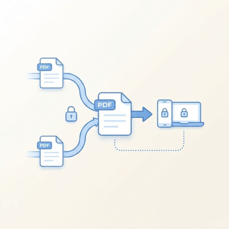 PDF files privately guide illustration PDF files merged privately on a device without uploading to a server